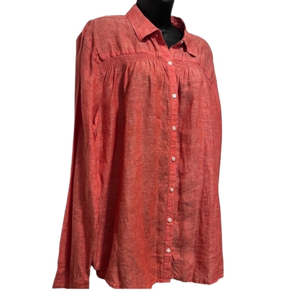 LANDS’ END 100% Linen Smocked L/S Button Down Shirt in Orange/Red Size XS P 2-4) - Picture 5 of 11
